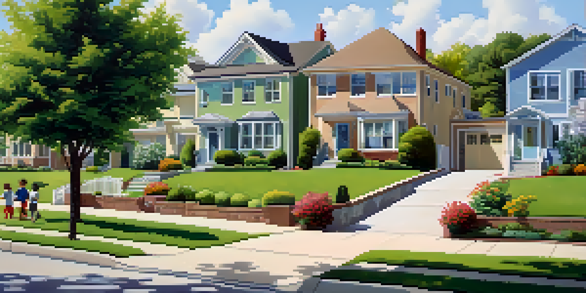 A peaceful suburban neighborhood filled with beautiful homes, green lawns, and children playing outdoors under a clear blue sky.