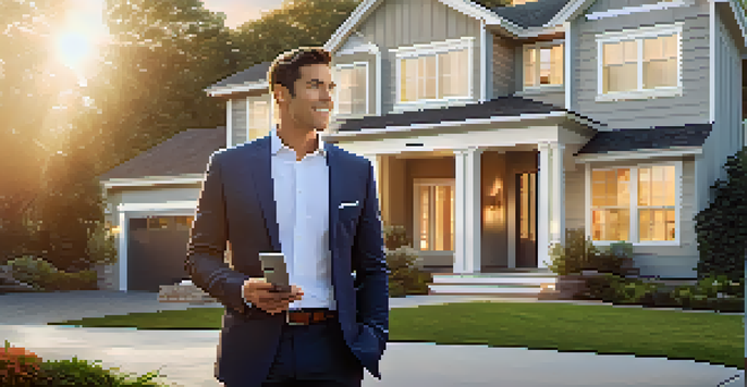 A real estate agent in front of a stylish home, using a smartphone to showcase listings, illuminated by warm sunlight.