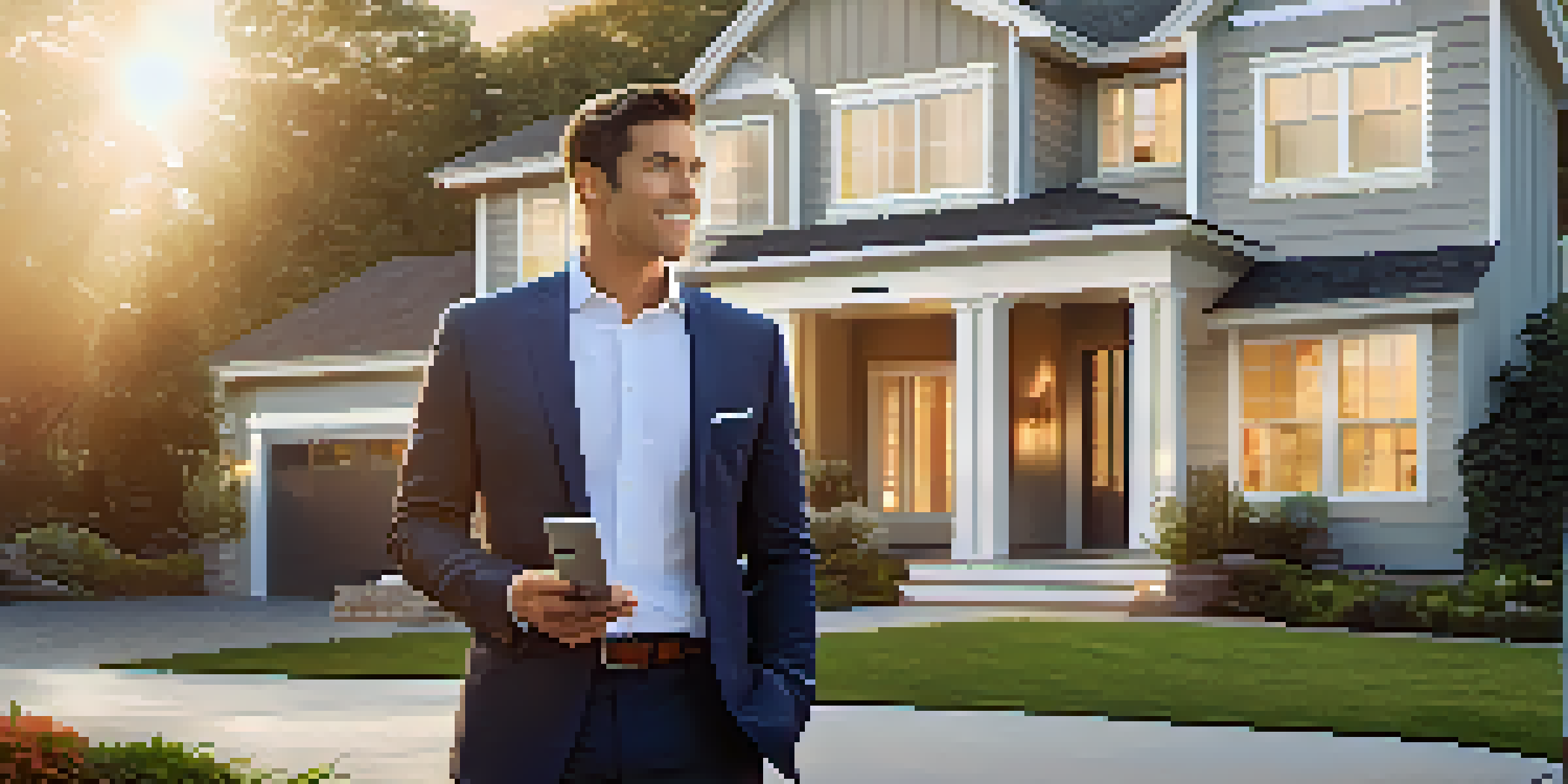 A real estate agent in front of a stylish home, using a smartphone to showcase listings, illuminated by warm sunlight.