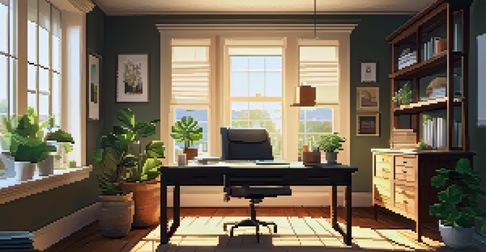 A cozy home office with a wooden desk, computer, and home insurance documents, illuminated by sunlight through a window.