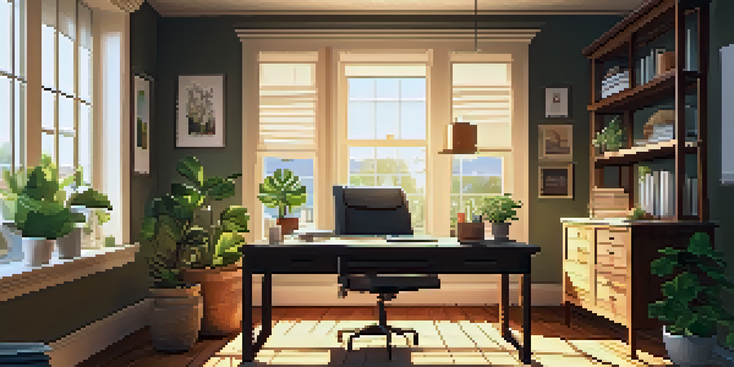 A cozy home office with a wooden desk, computer, and home insurance documents, illuminated by sunlight through a window.