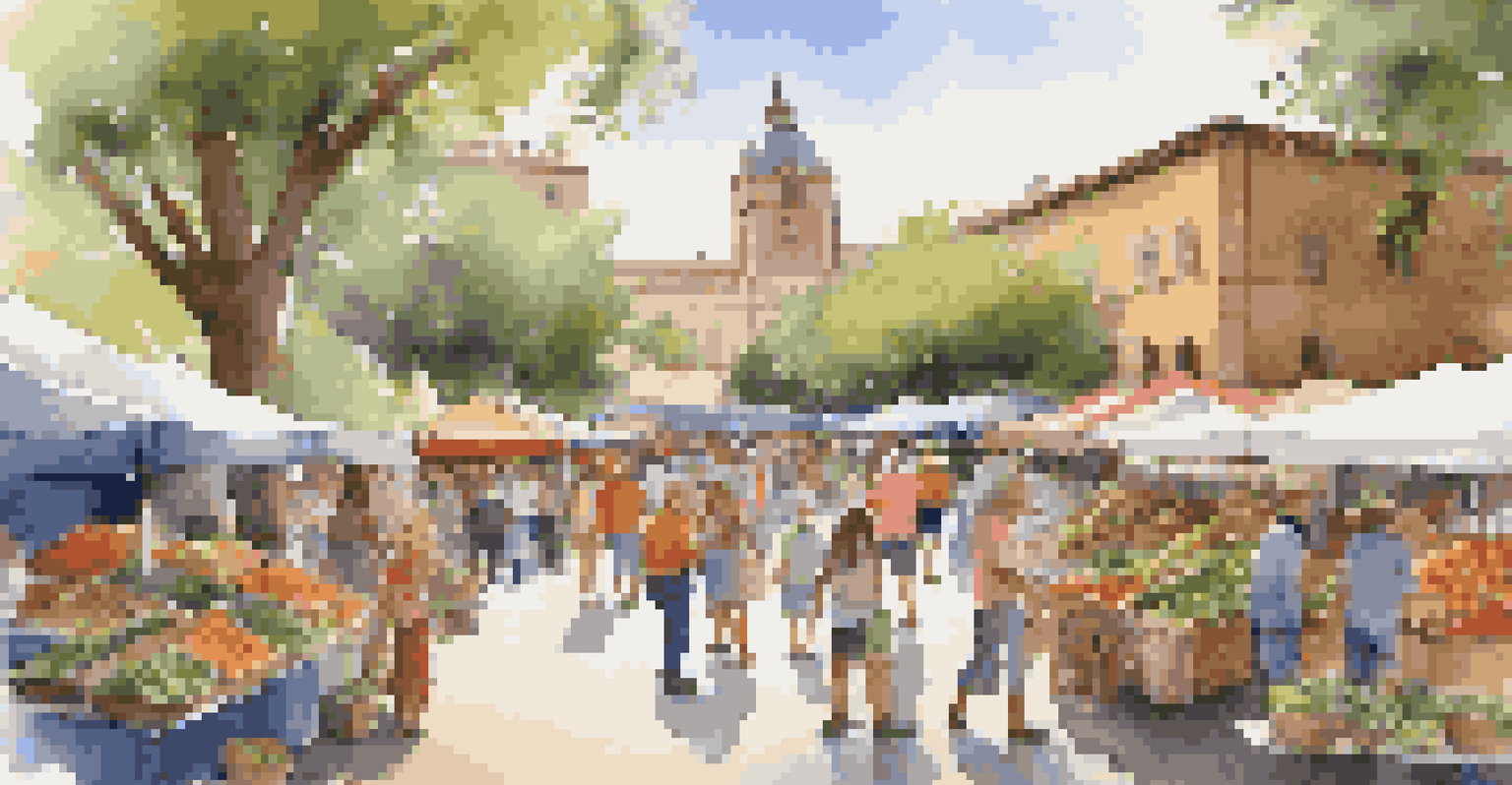 A bustling farmers' market with colorful stalls and people enjoying local produce and music.