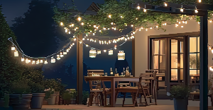 An outdoor patio area with mason jar lanterns hanging from tree branches, illuminating a wooden table and chairs in the evening.