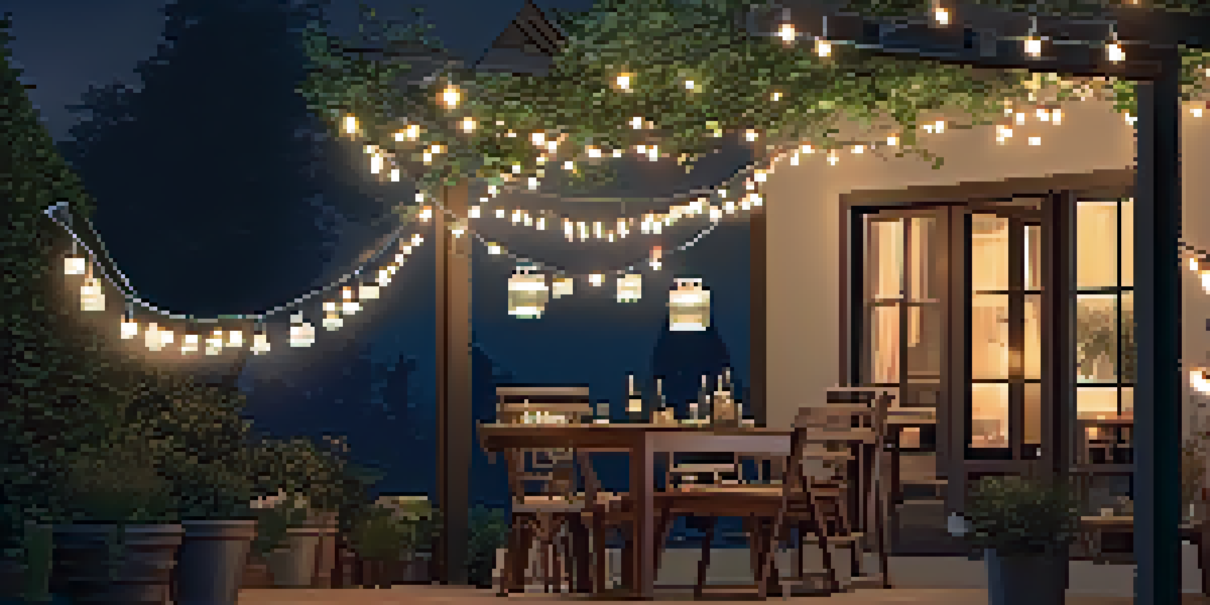 An outdoor patio area with mason jar lanterns hanging from tree branches, illuminating a wooden table and chairs in the evening.