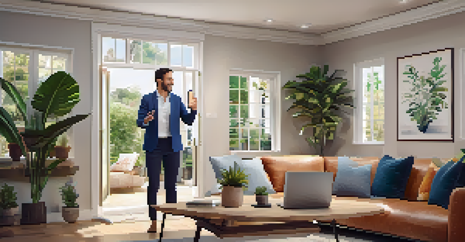 A real estate agent giving a virtual tour of a property from a stylish home office, smiling and gesturing towards a laptop.