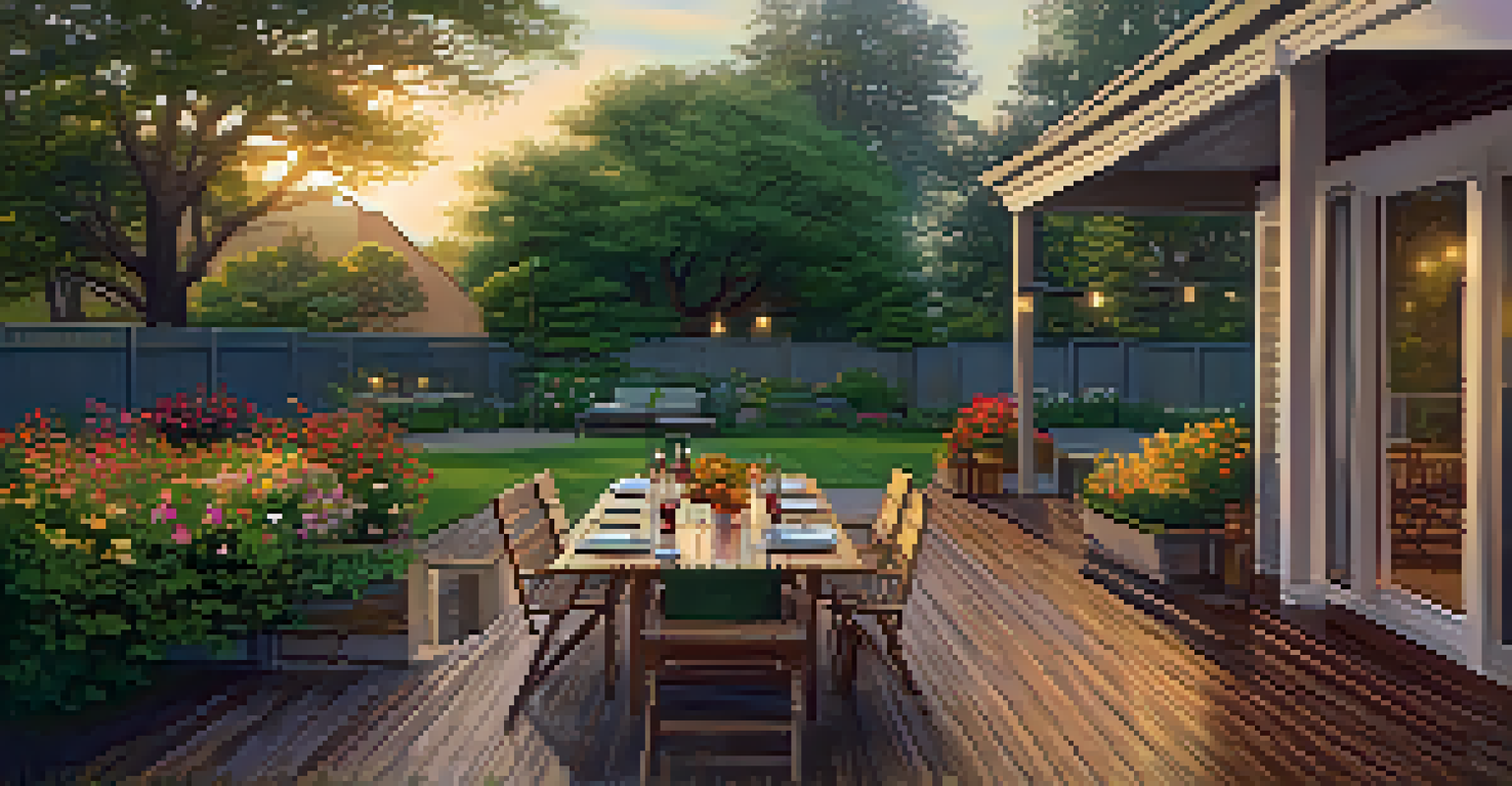 A picturesque backyard with a wooden deck, outdoor dining set, and blooming flowers under a golden sunset.