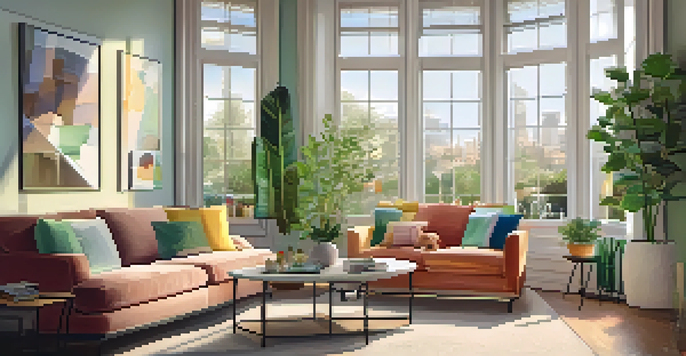A warm and inviting living room with modern furniture, sunlight streaming through a large window, and potted plants.