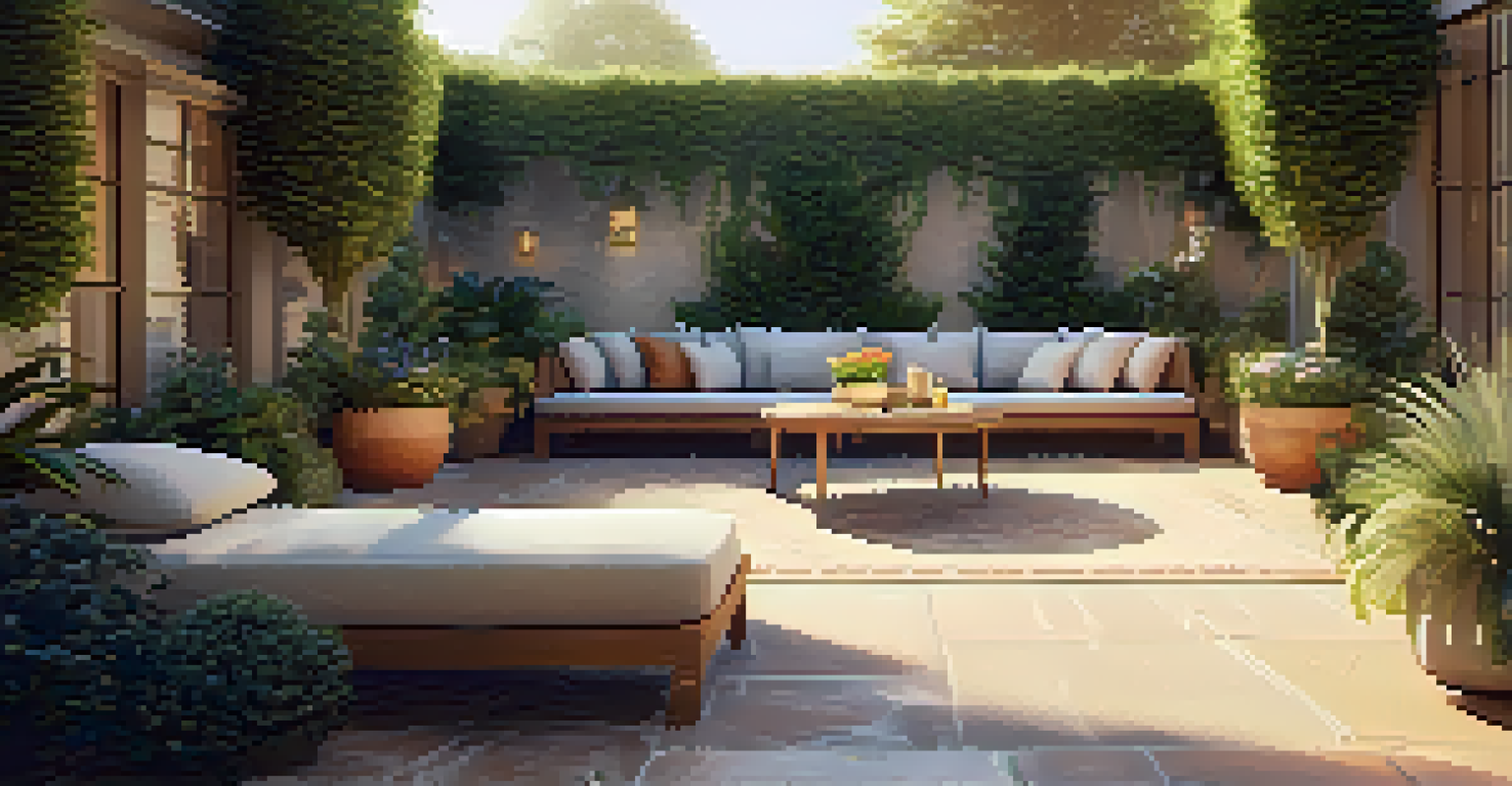 A serene garden patio with comfortable furniture, potted plants, and a water fountain, illuminated by golden hour sunlight.