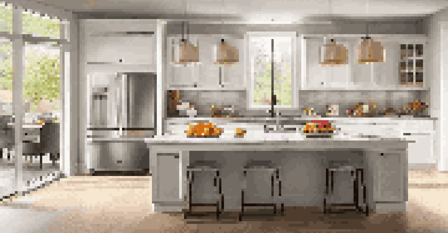 A modern kitchen with sleek cabinetry, stainless steel appliances, and a marble-topped island with fresh fruits.