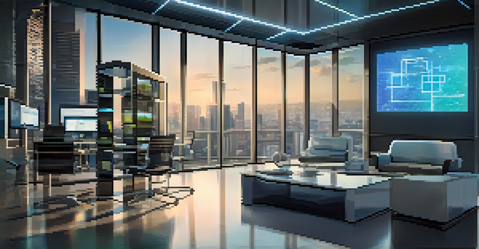 A futuristic digital contract execution using blockchain technology in a modern office setting.