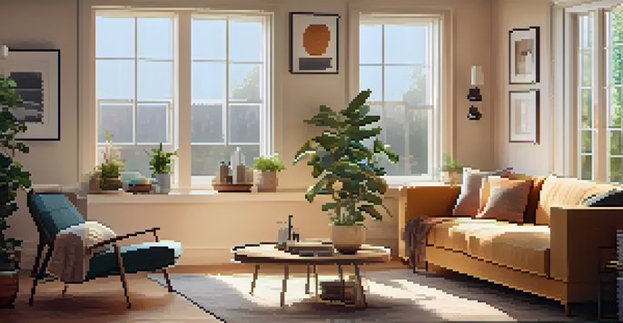 A warm and inviting living room with smart home devices like a voice assistant, smart lighting, and a smart thermostat. The room includes a comfortable sofa, a coffee table with a plant, and natural light coming through a large window.
