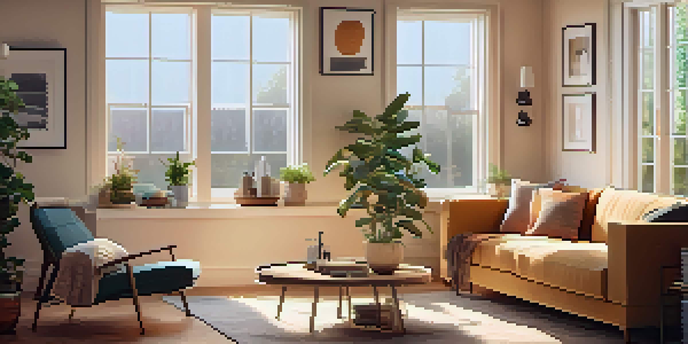 A warm and inviting living room with smart home devices like a voice assistant, smart lighting, and a smart thermostat. The room includes a comfortable sofa, a coffee table with a plant, and natural light coming through a large window.