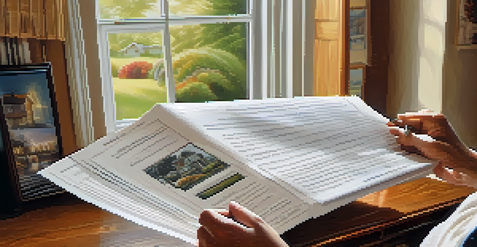 A close-up of a person's hands holding a 'Homestead Exemption Application' document in a cozy living room with family photos and sunlight coming through the window.