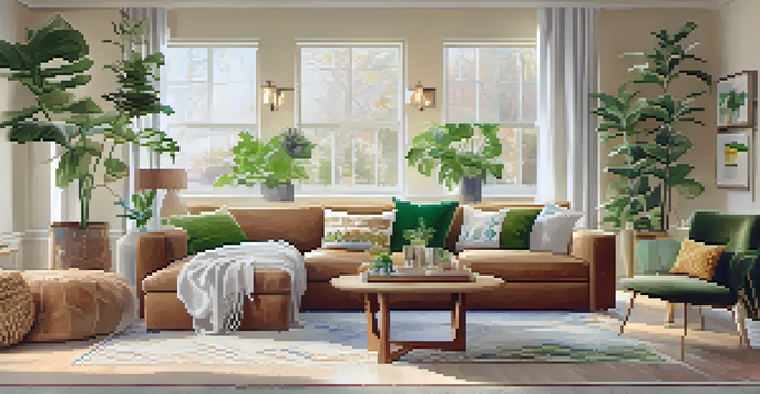 A bright and cozy living room with modern decor, showcasing a plush sofa, coffee table, and decorative plants.