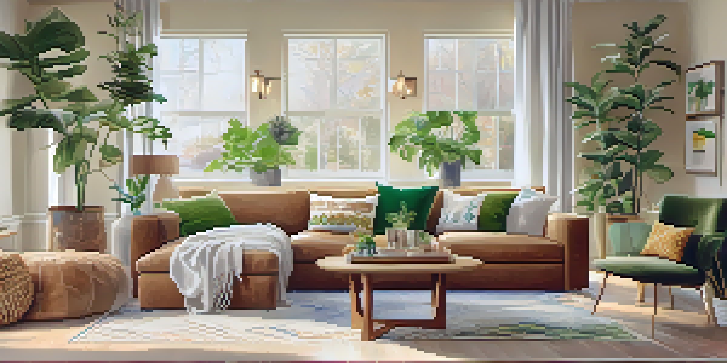 A bright and cozy living room with modern decor, showcasing a plush sofa, coffee table, and decorative plants.