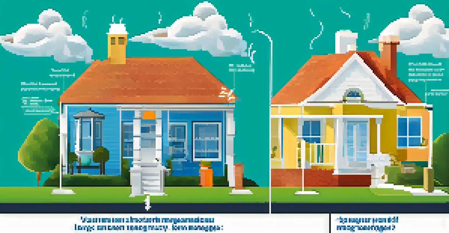 An infographic comparing short-term and long-term mortgages with visuals of a house, clock, piggy bank, and family.