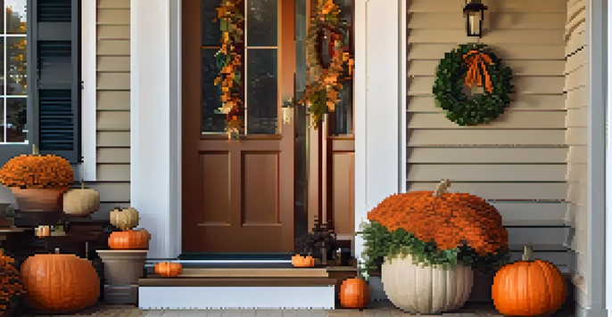 A welcoming entryway decorated for autumn with a wreath, colorful pillows, and pumpkins, illuminated by soft sunlight.