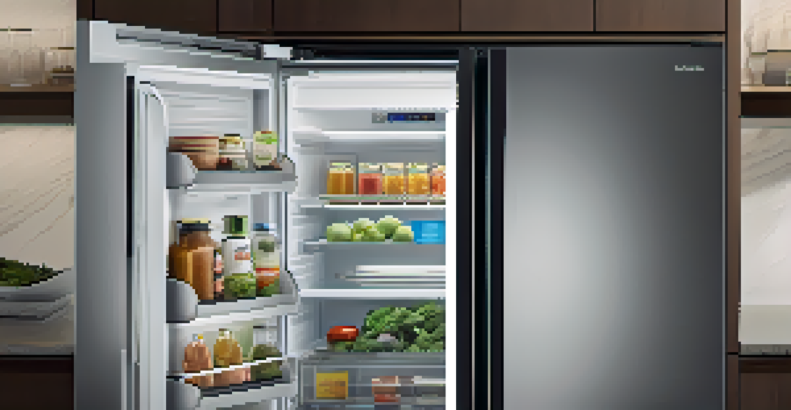 A smart refrigerator with an open door showing organized contents and a digital notification screen.
