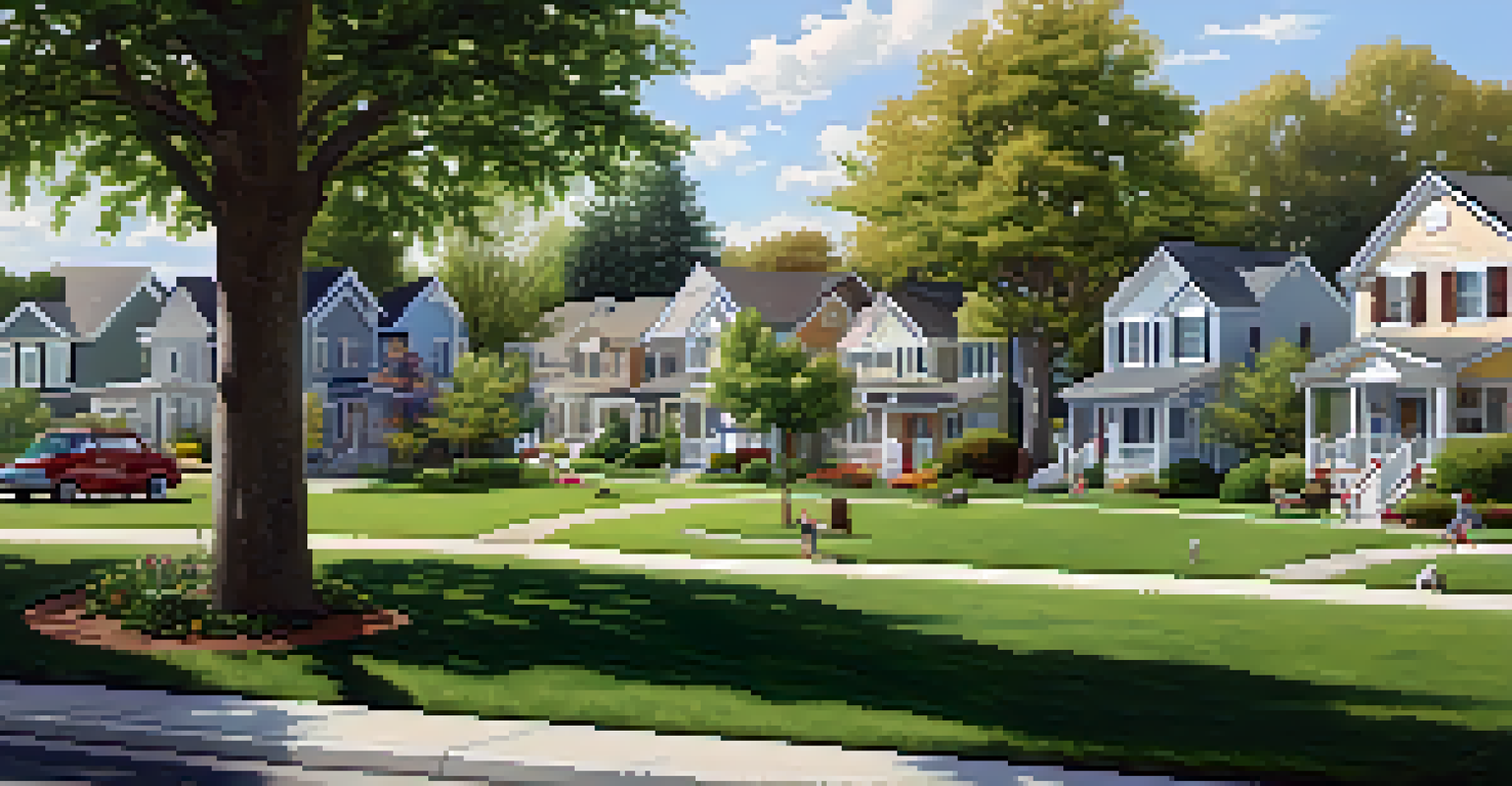 A peaceful suburban neighborhood with spacious homes, children playing, and green lawns under a sunny sky.