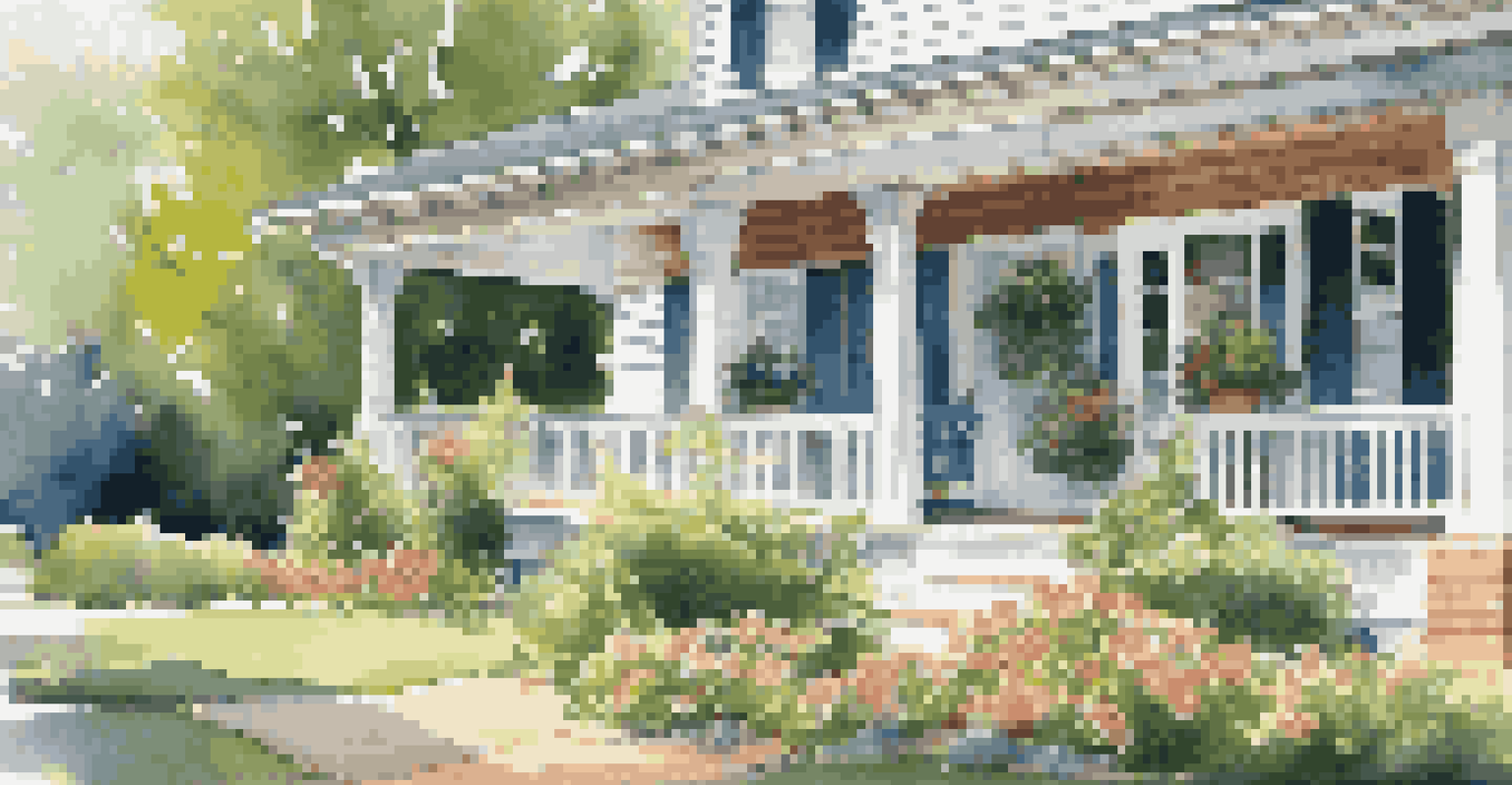 An outdoor porch with a smart doorbell camera, featuring a beautiful front yard and clear blue sky.