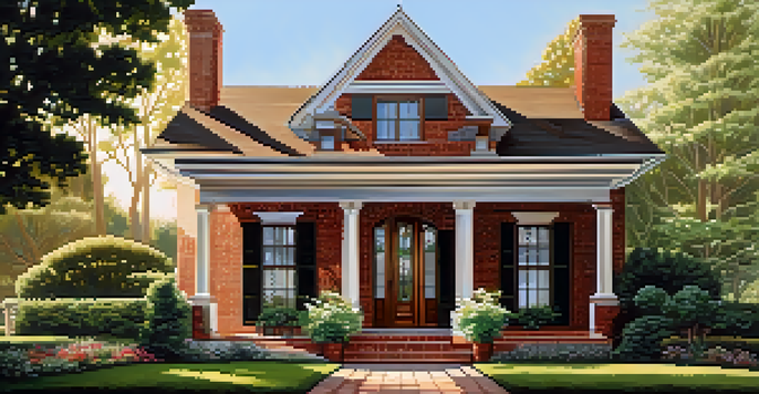 A historic home with original vintage bricks and hand-carved wooden window frames, surrounded by greenery in warm sunlight.