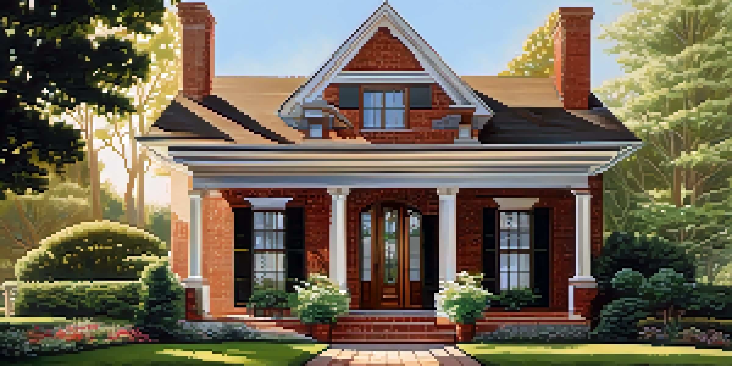 A historic home with original vintage bricks and hand-carved wooden window frames, surrounded by greenery in warm sunlight.