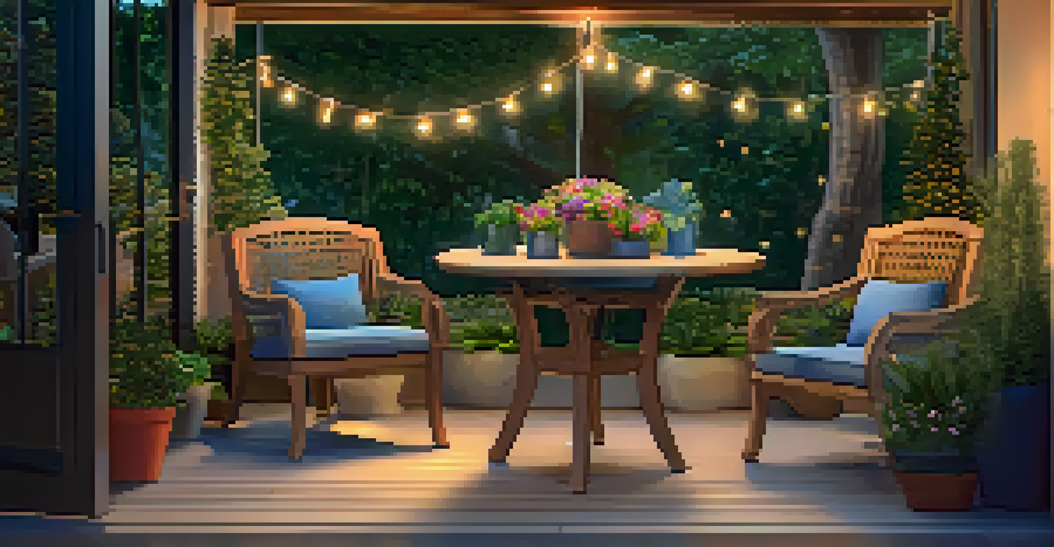 A cozy outdoor patio with a table and chairs, decorated with fairy lights and surrounded by flowers.