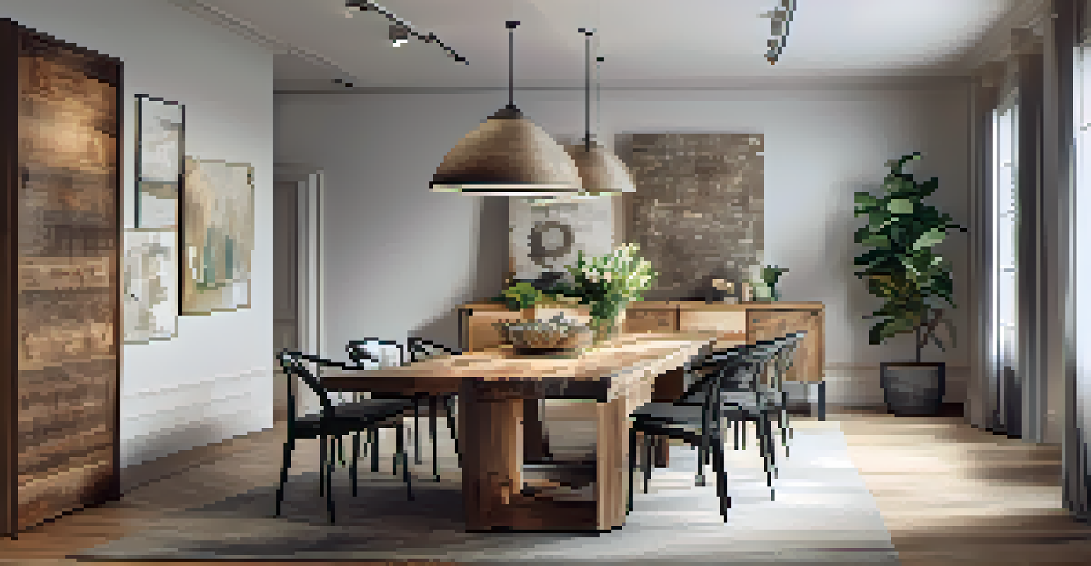 A sophisticated dining area featuring a dining table that also serves as a workspace, made from eco-friendly materials in a cozy setting with ambient lighting.