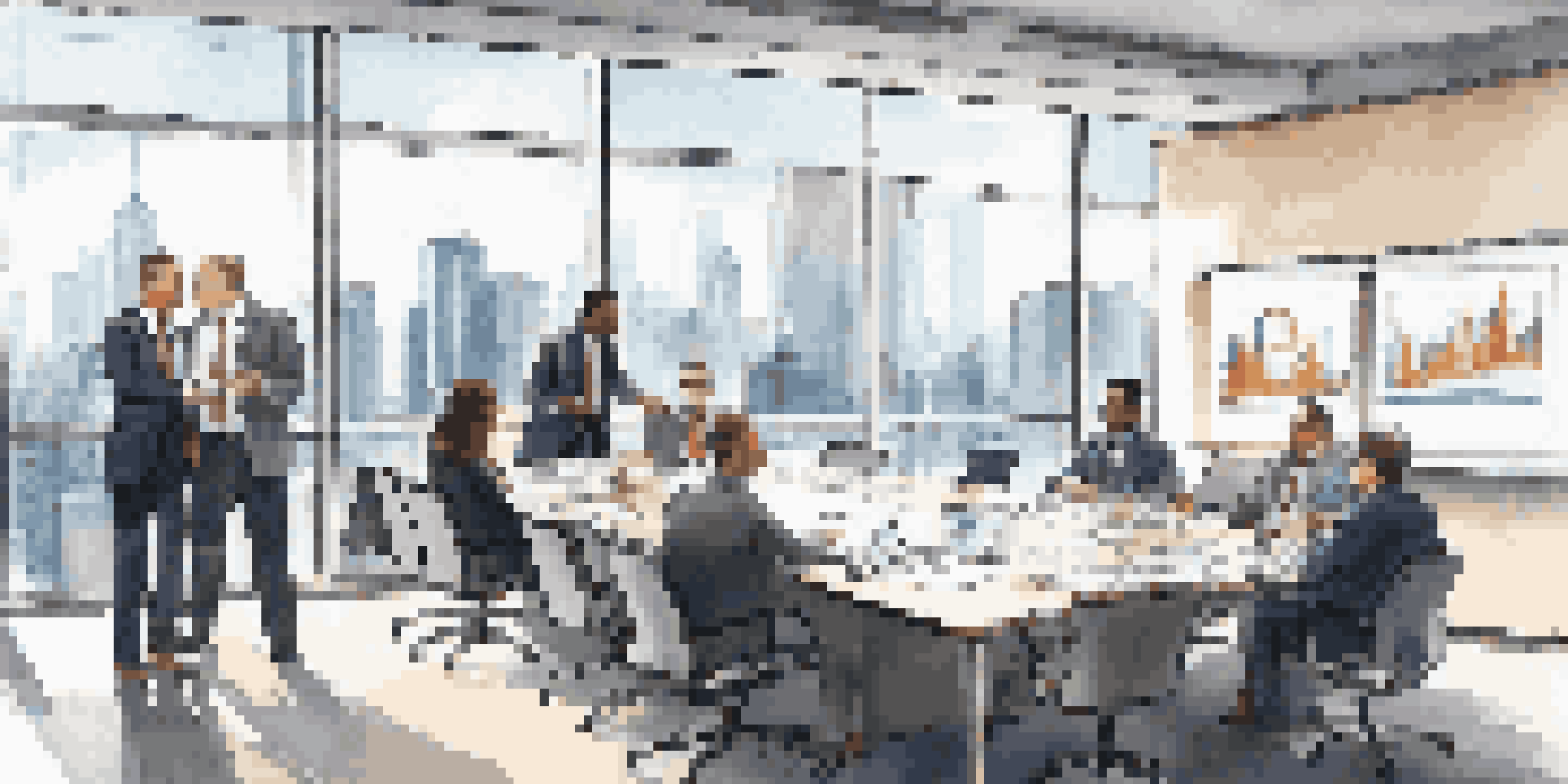 A modern real estate office with diverse investors discussing property syndication around a large conference table, with a city skyline visible through the windows.