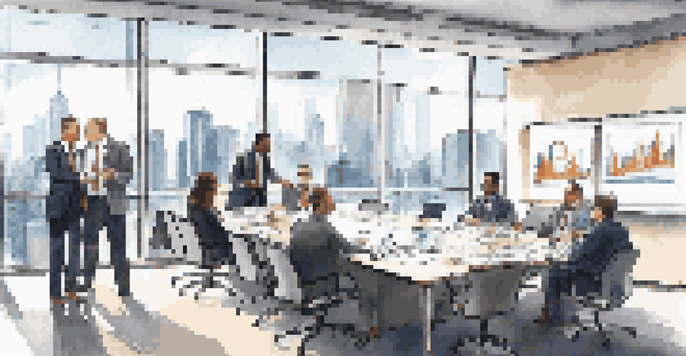 A modern real estate office with diverse investors discussing property syndication around a large conference table, with a city skyline visible through the windows.