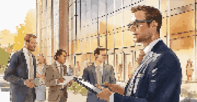 A real estate agent in a suit stands in front of a modern building, engaging with smiling clients during golden hour.