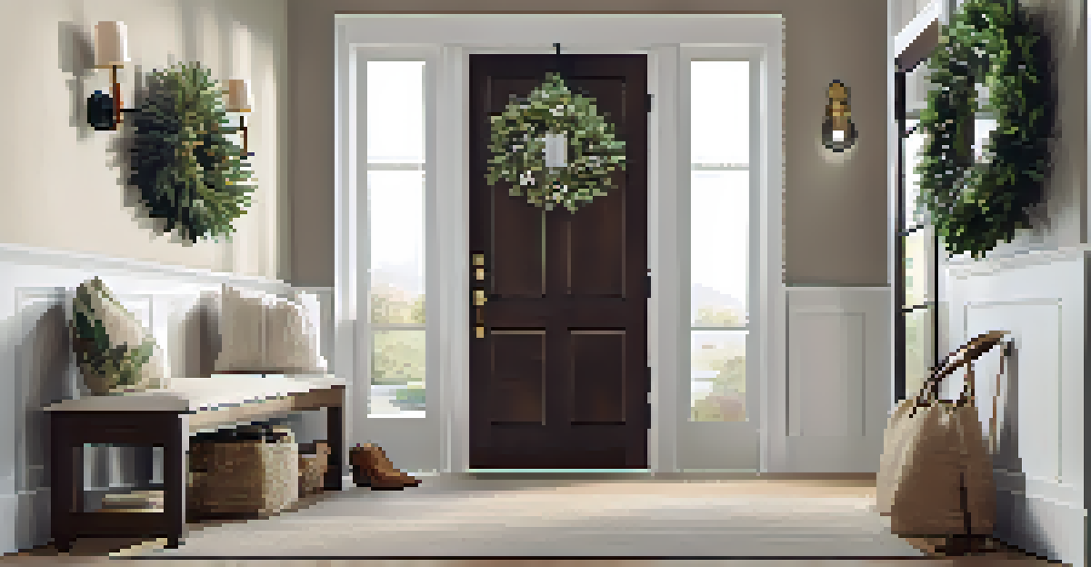 An elegant entryway with a console table, mirror, and seasonal wreath.