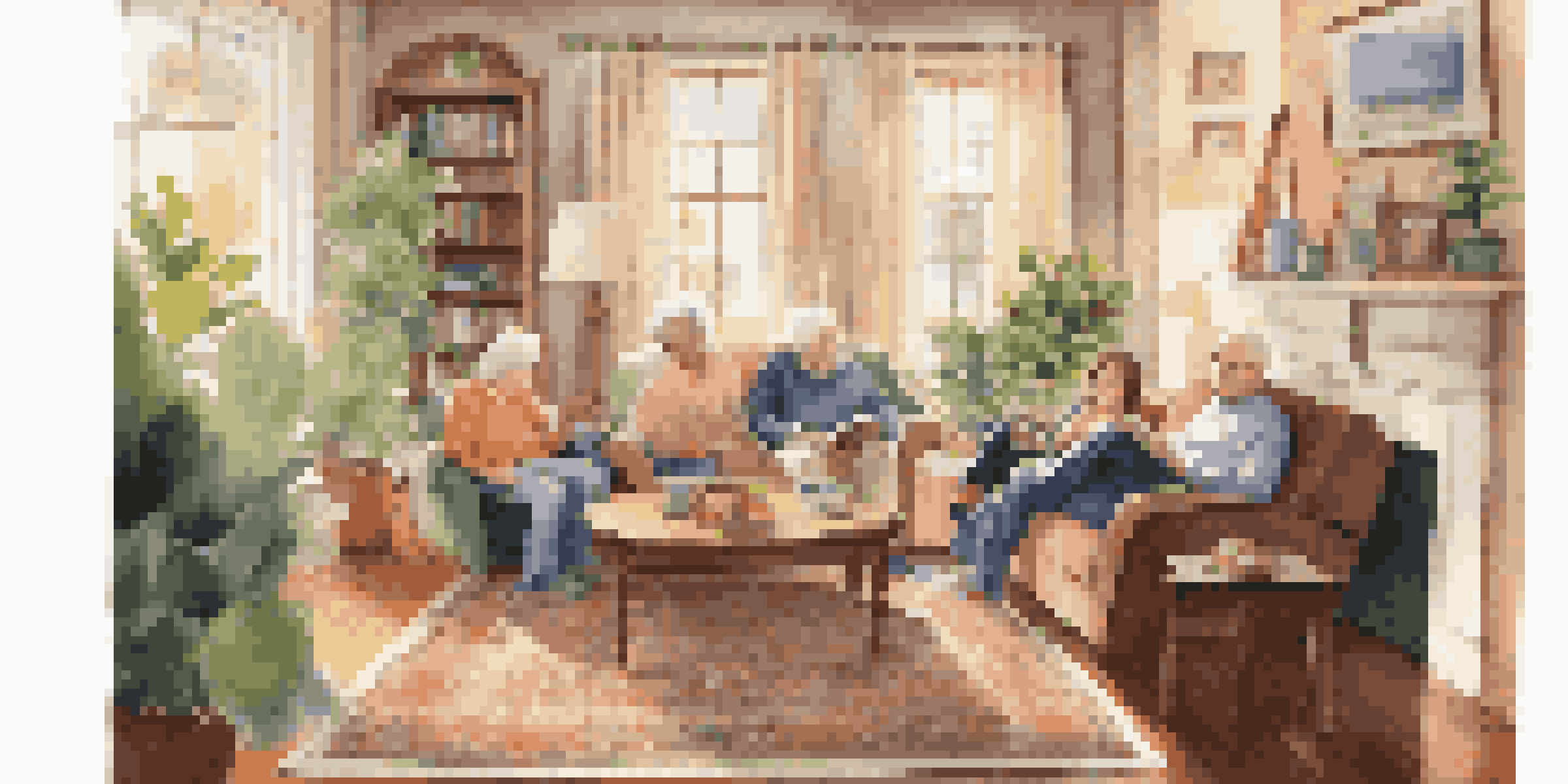 A multi-generational living room with a grandparent reading, parents discussing, and children playing, filled with warmth and family photos.