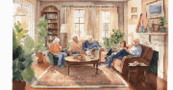 A multi-generational living room with a grandparent reading, parents discussing, and children playing, filled with warmth and family photos.