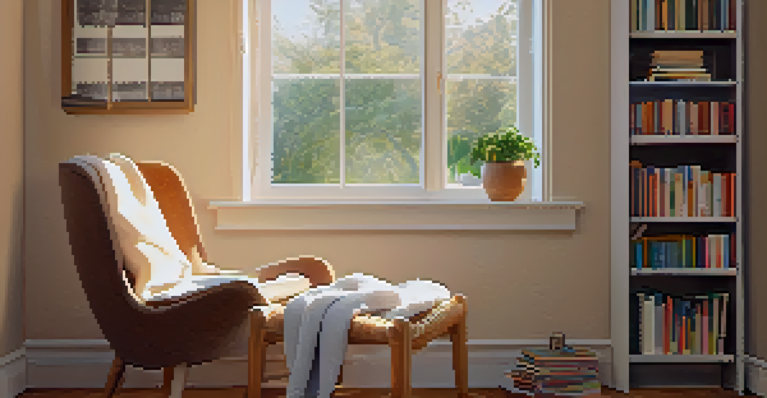 A cozy reading nook illuminated by warm natural light, featuring a comfortable armchair, a small side table, and a large mirror reflecting sunlight.