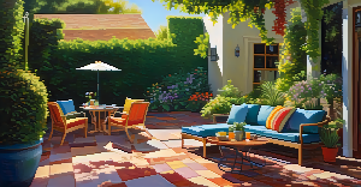 An outdoor patio in a lush garden during summer, with comfortable seating, colorful cushions, a small table with a drink, and vibrant flower beds.
