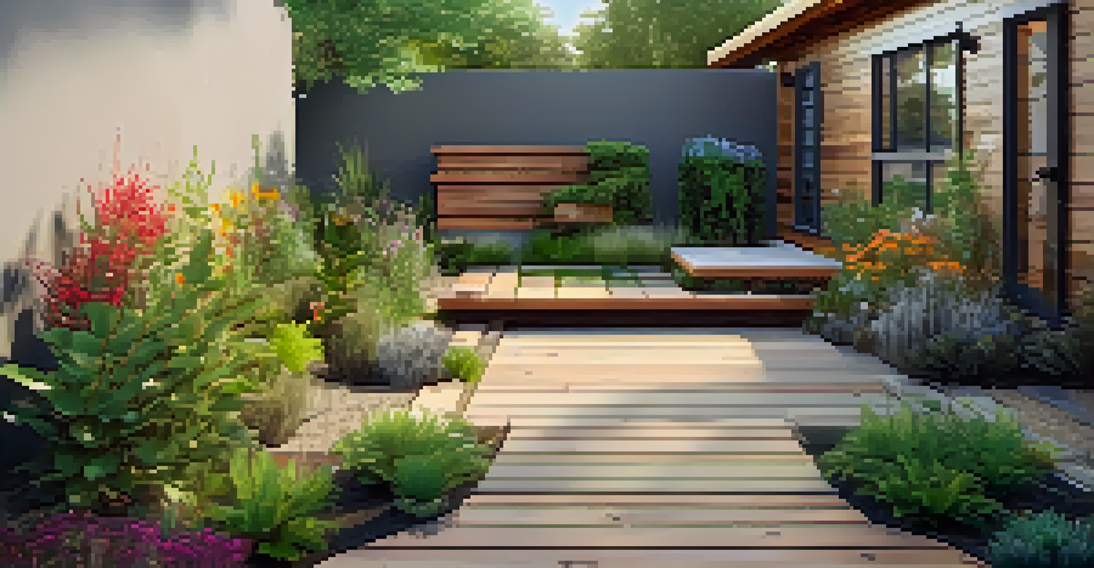 A hardscaped area with permeable stones and reclaimed wood, surrounded by flowering plants and a birdhouse, illuminated by afternoon light.