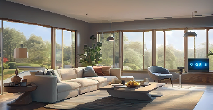 A cozy living room with smart home devices including a thermostat, smart lights, and a speaker, illuminated by natural light through large windows.