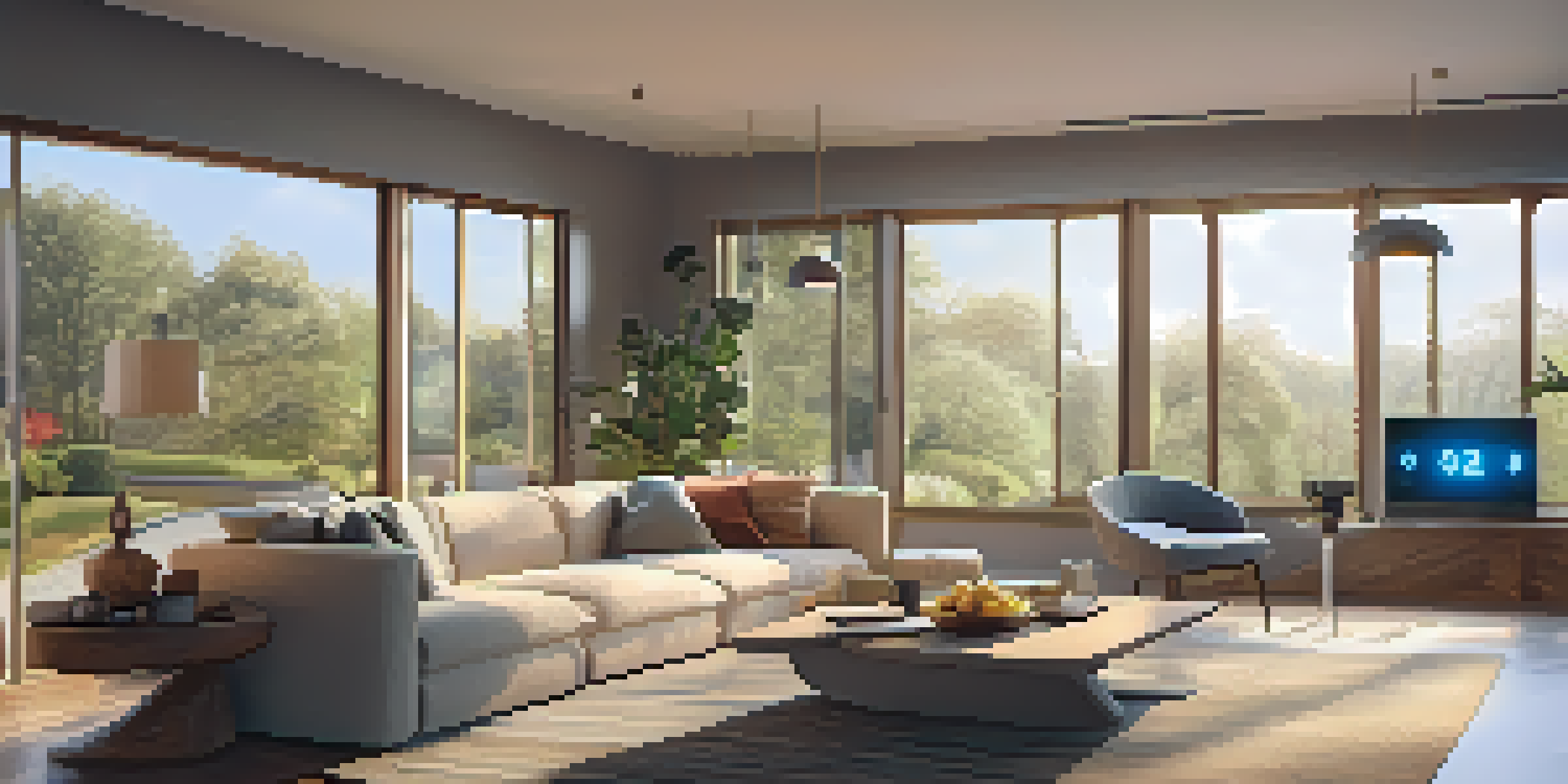 A cozy living room with smart home devices including a thermostat, smart lights, and a speaker, illuminated by natural light through large windows.