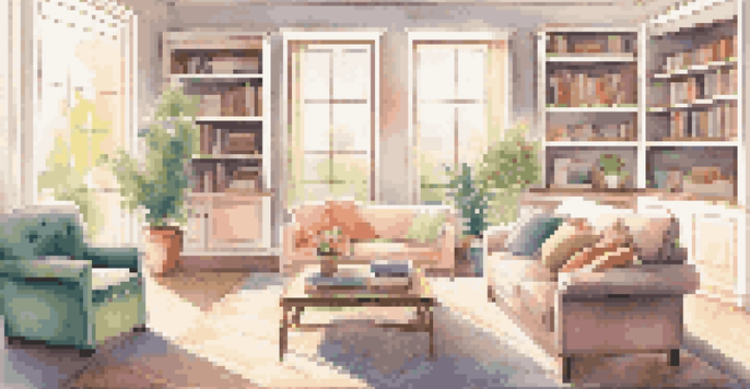 A bright and clean living room with sunlight, featuring a cozy sofa and fresh flowers on a coffee table.