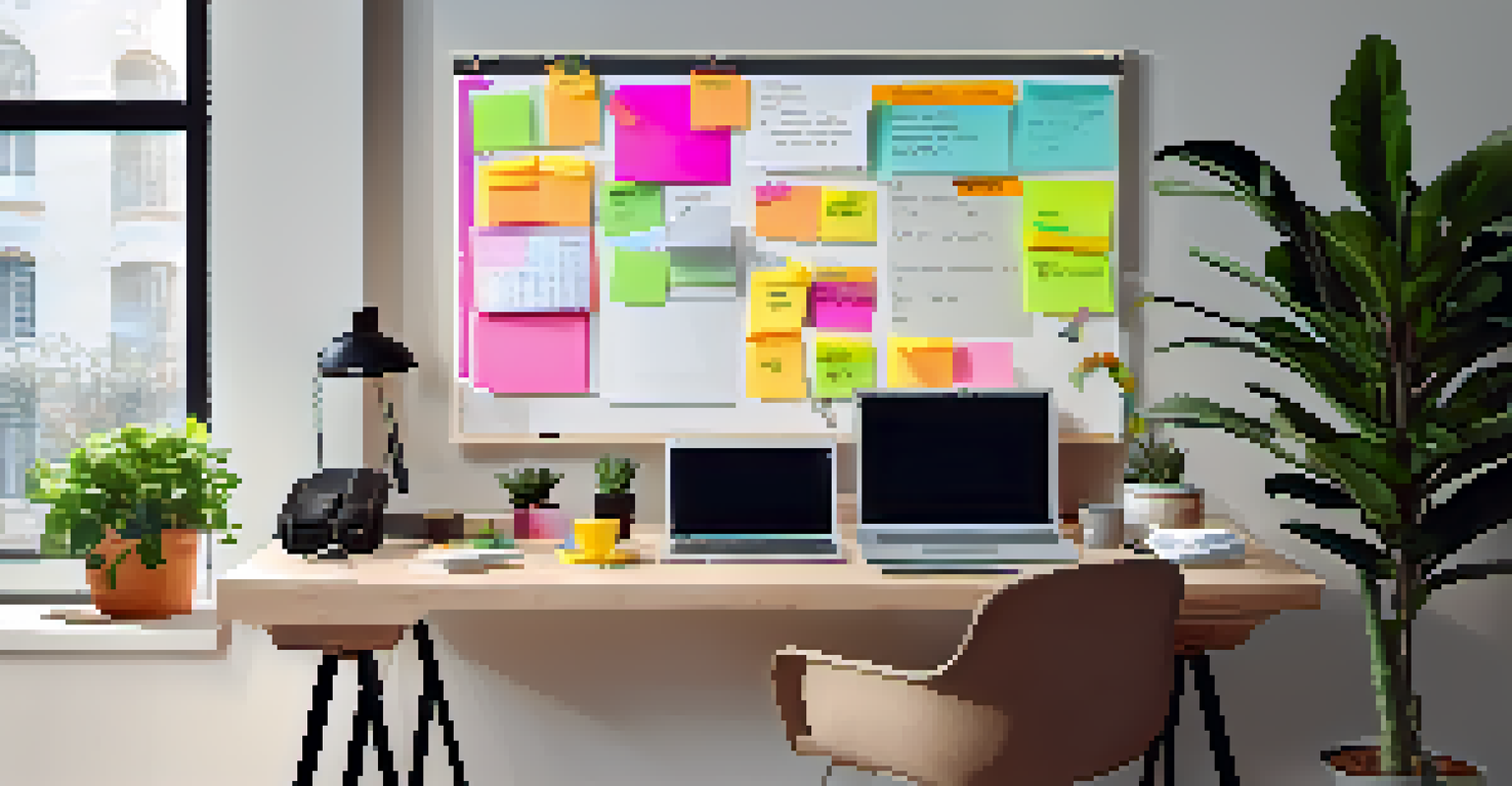 An organized workspace with a whiteboard covered in sticky notes, a laptop, coffee cup, and a potted plant in a warmly lit room.