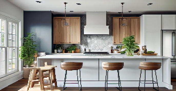 A bright and spacious modern kitchen with an open-concept design, featuring a large island and harmonious color scheme.