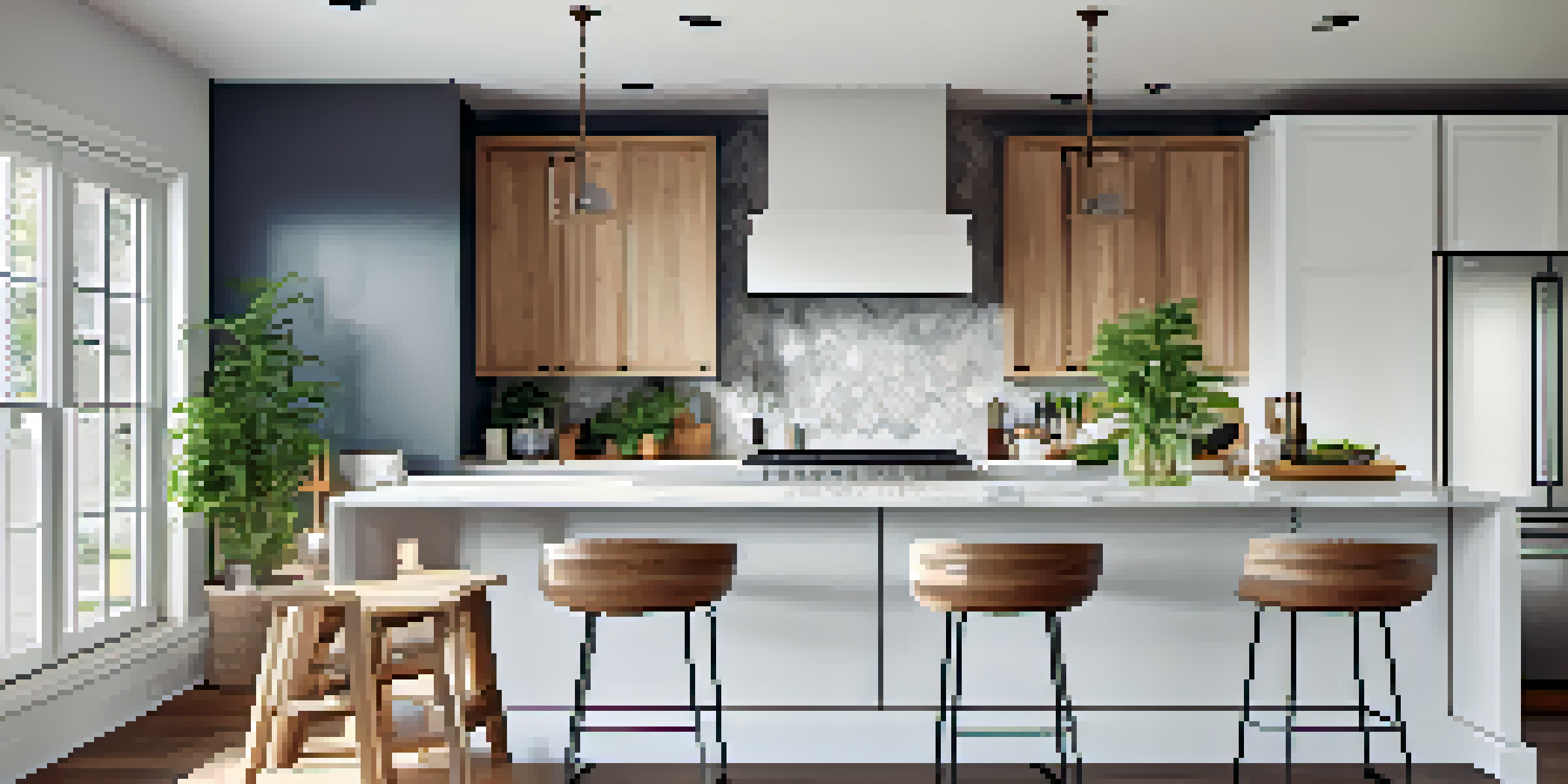 A bright and spacious modern kitchen with an open-concept design, featuring a large island and harmonious color scheme.