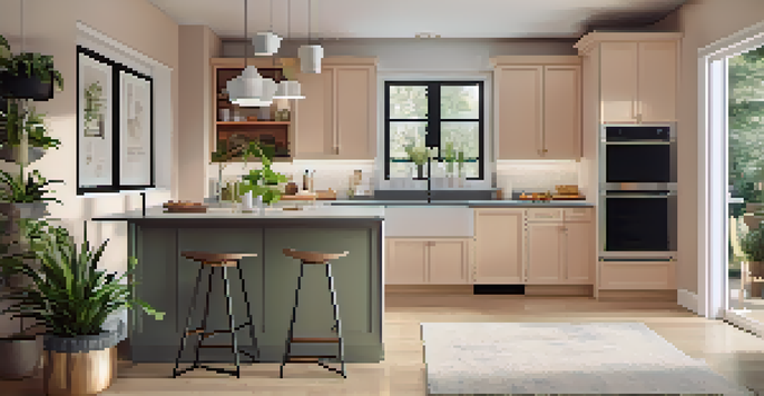 A modern kitchen with sleek cabinetry, an island with bar stools, and warm lighting, complemented by pastel-colored walls and houseplants.