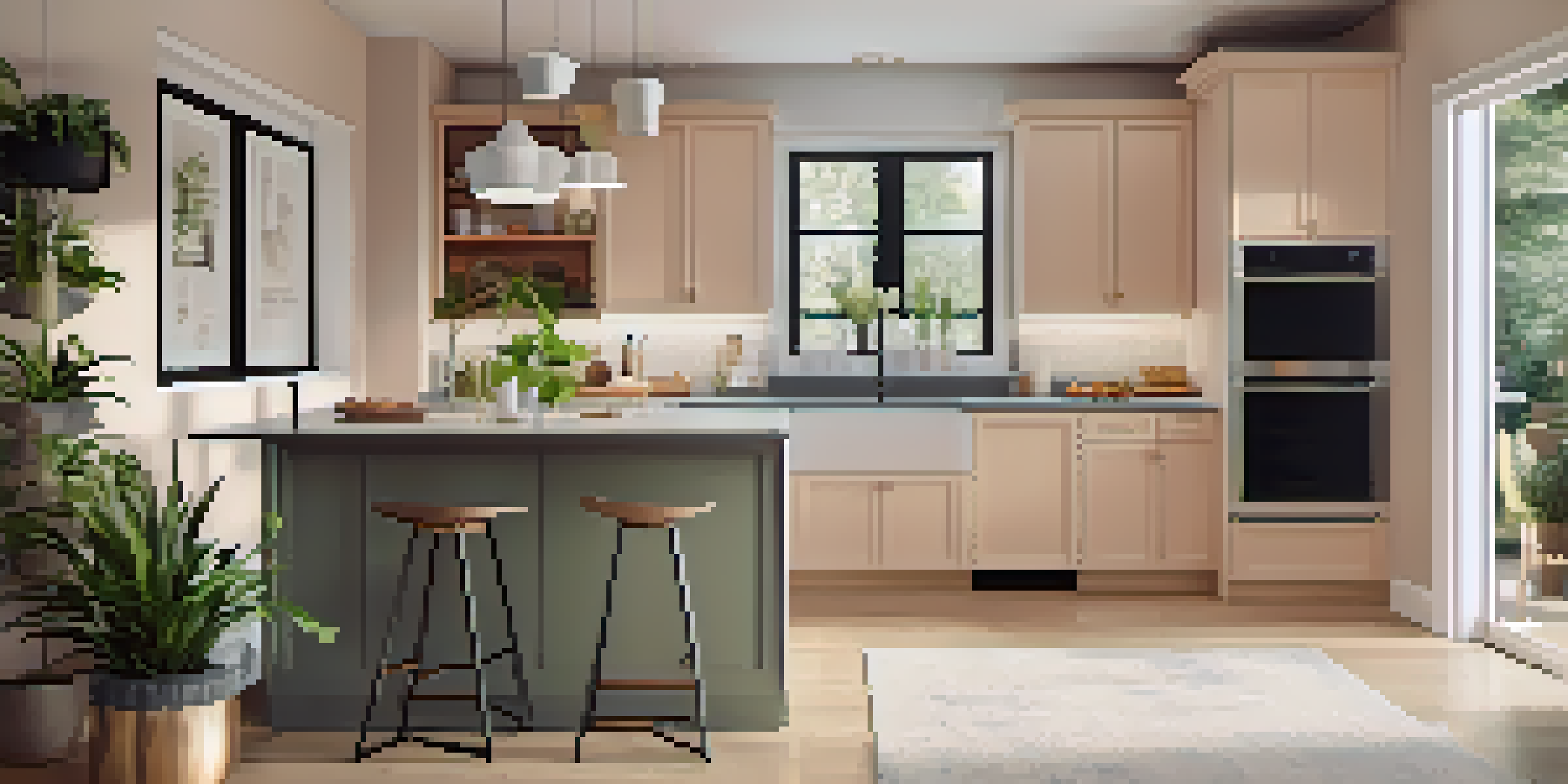 A modern kitchen with sleek cabinetry, an island with bar stools, and warm lighting, complemented by pastel-colored walls and houseplants.