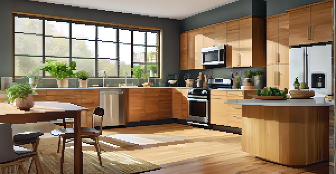 A modern kitchen with energy-efficient appliances, bamboo flooring, and large windows that let in natural light.
