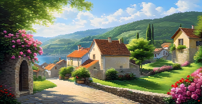 A serene landscape of a picturesque European village with traditional architecture, lush green hills, and blooming flowers under a clear blue sky.