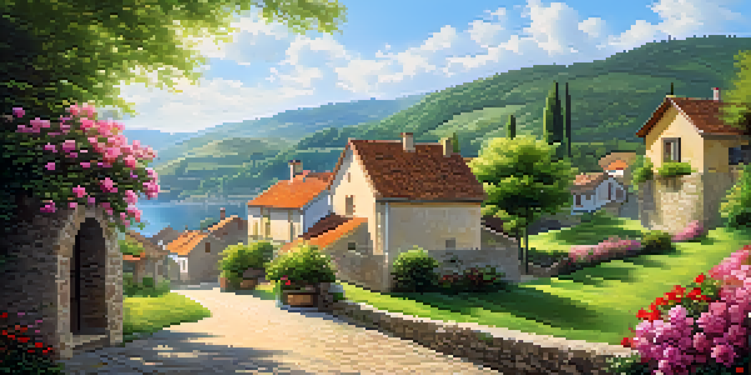 A serene landscape of a picturesque European village with traditional architecture, lush green hills, and blooming flowers under a clear blue sky.