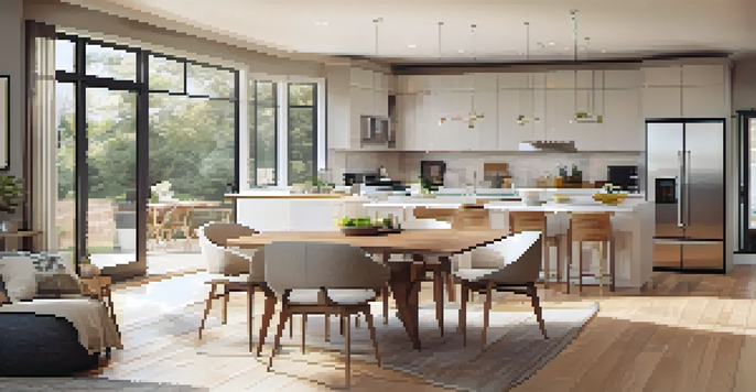 A spacious open concept living area with a modern kitchen, dining table, and comfortable living room, filled with natural light from large windows.