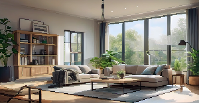A warm and inviting living room filled with natural light, featuring energy-efficient appliances and comfortable furniture.